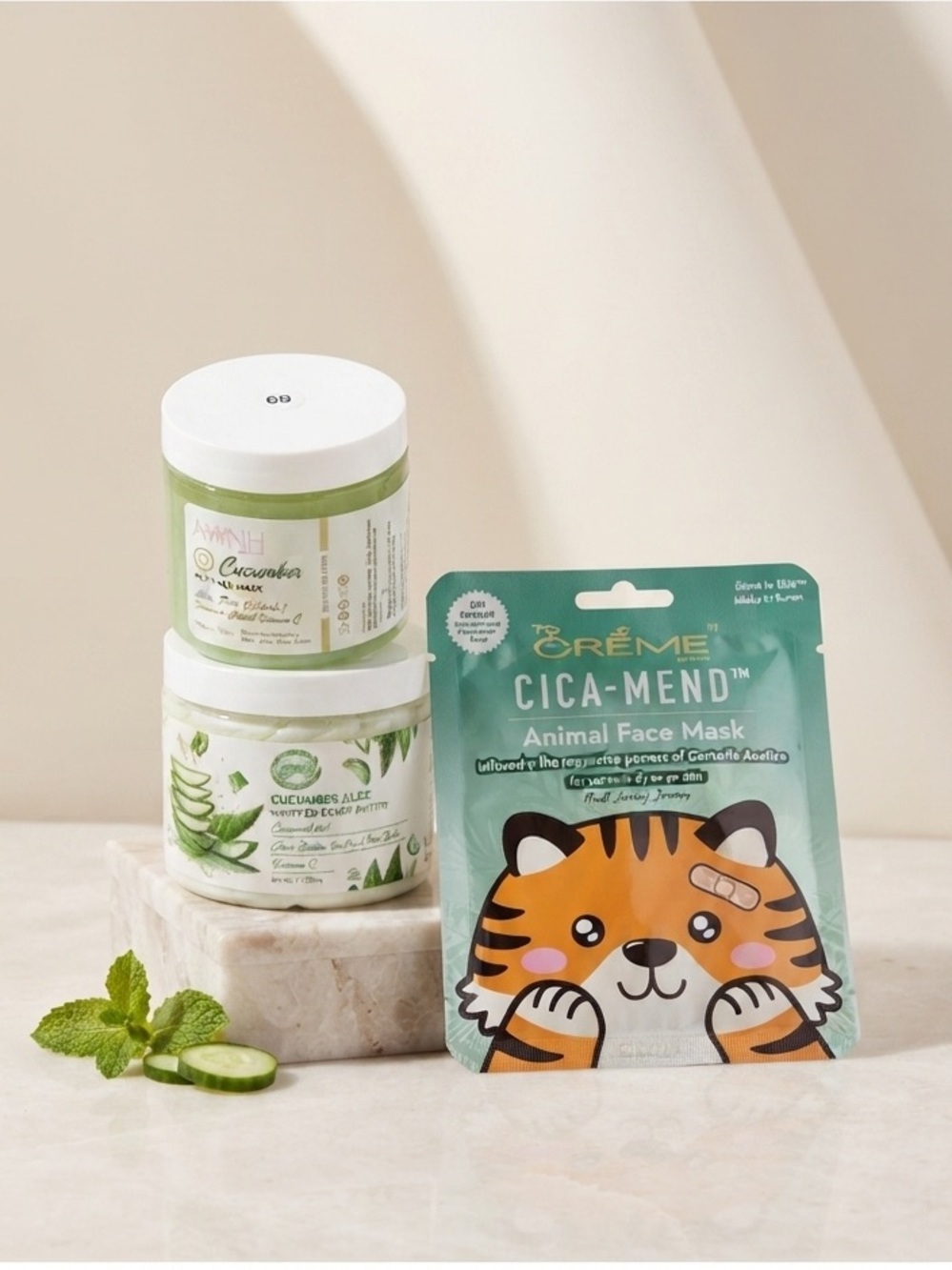 Cica-Mend Green Tiger Animal Face Mask & Aminnah Cucumber Aloe Skincare Duo